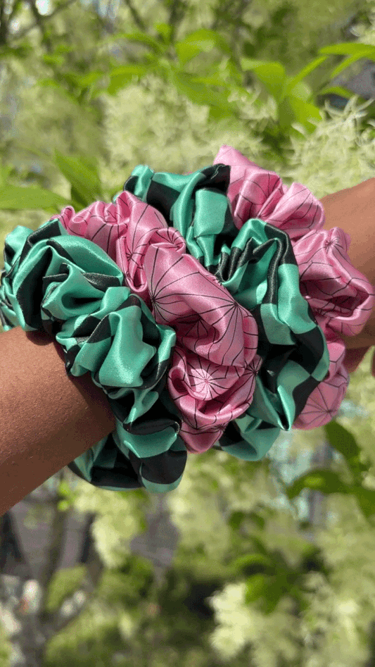 The Satin Demon Slayer Fandom Scrunchie Stack | 2 Anime Satin Hair Scrunchies Set
