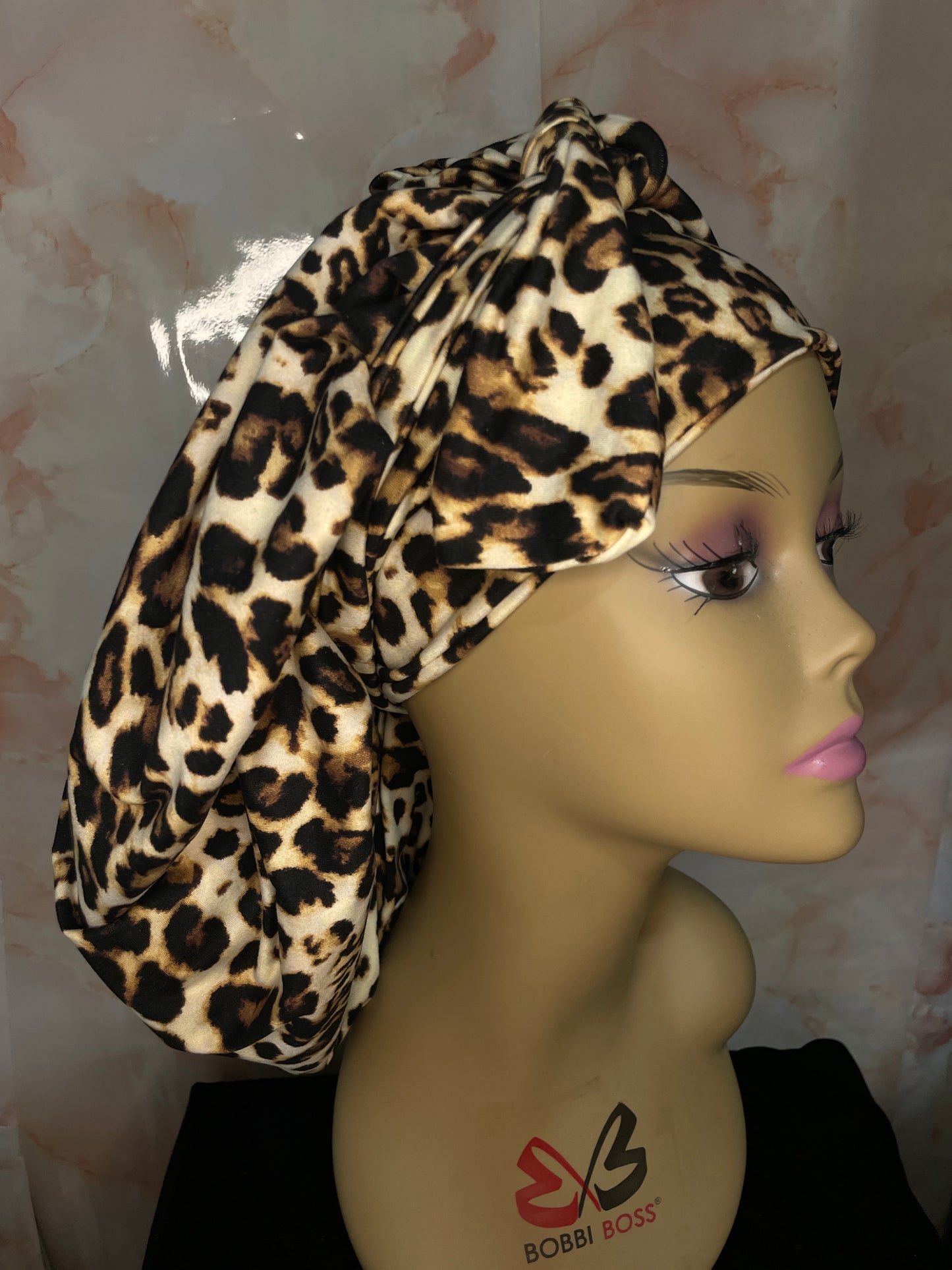 Leopard & Pink G’BONNET | JUMBO sized, Reversible, long stretchy strings, NO ELASTIC