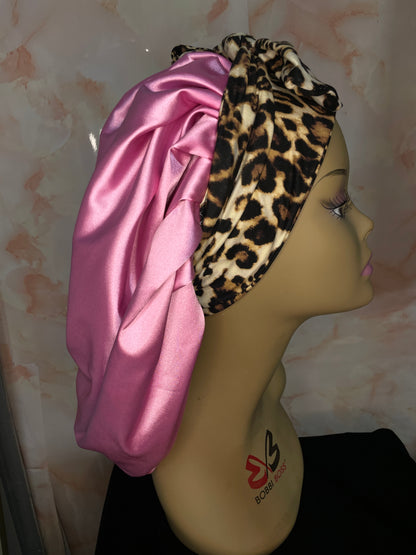 Leopard & Pink G’BONNET | JUMBO sized, Reversible, long stretchy strings, NO ELASTIC