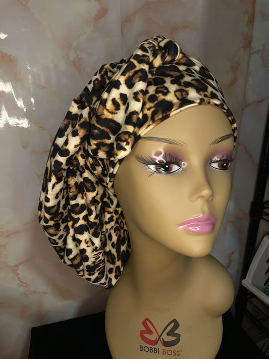 Leopard & Pink G’BONNET | JUMBO sized, Reversible, long stretchy strings, NO ELASTIC