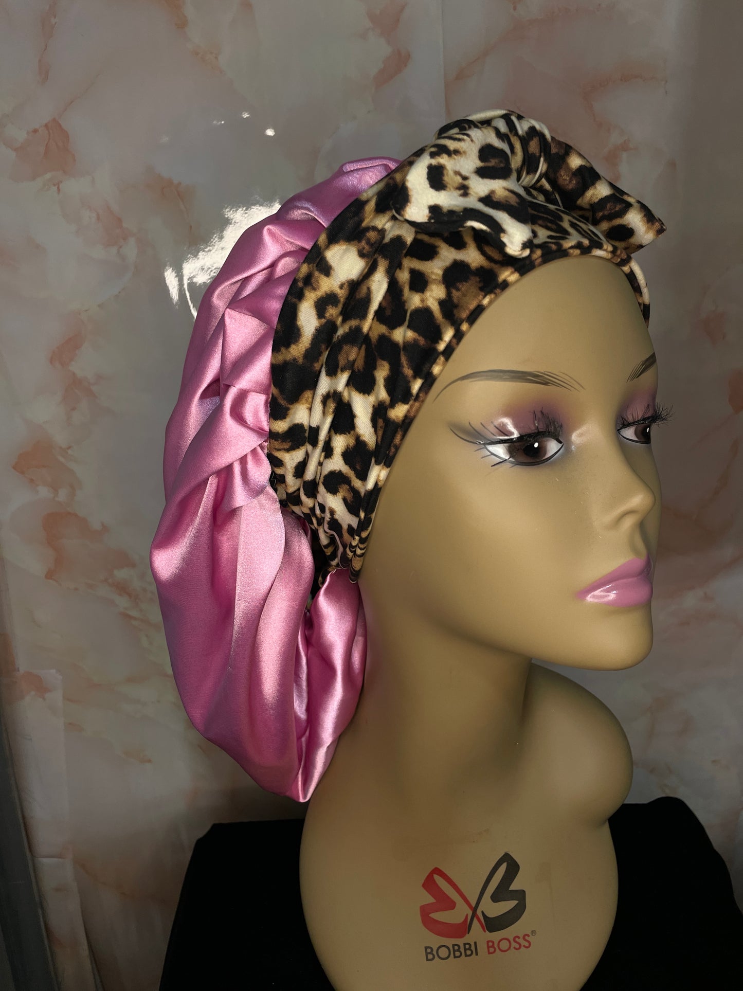 Leopard & Pink G’BONNET | JUMBO sized, Reversible, long stretchy strings, NO ELASTIC