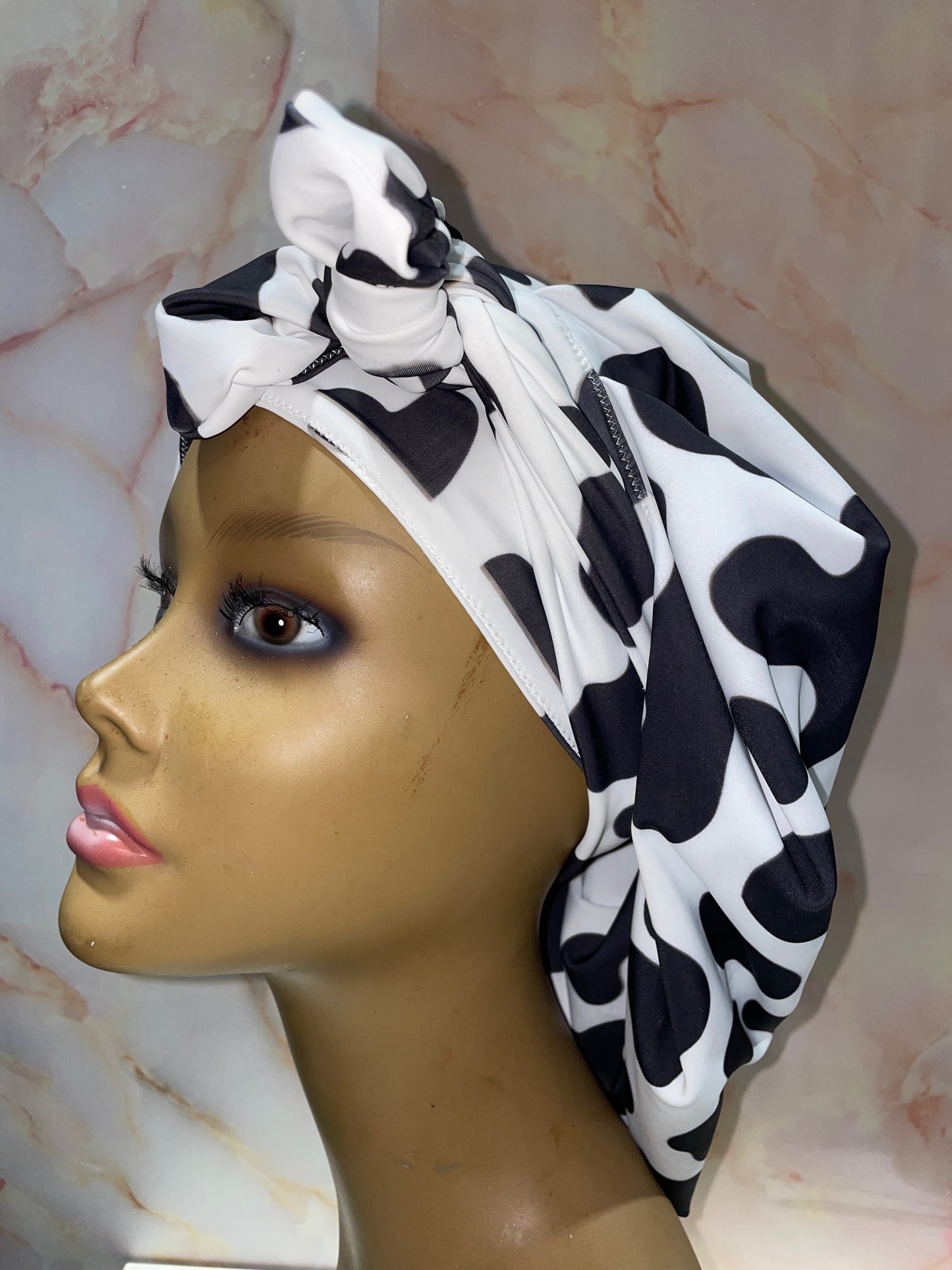 The “Got Milk” Cow Print G’Bonnet| JUMBO sized, Reversible, long stretchy strings, NO ELASTIC