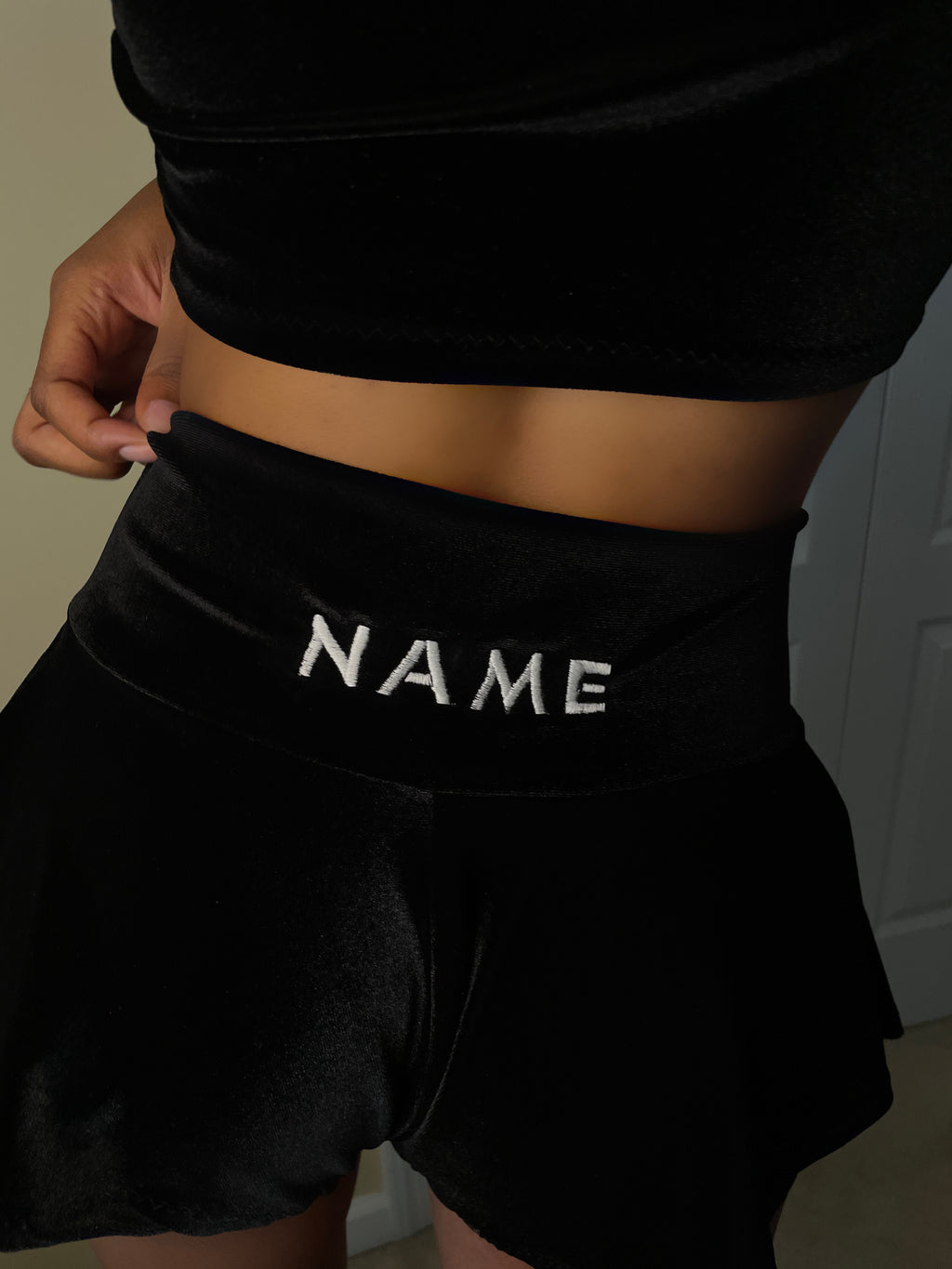 Custom Name Embroidered Velvet Shorties – Black