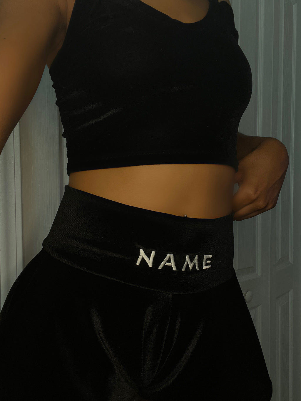 Custom Name Embroidered Velvet Shorties – Black