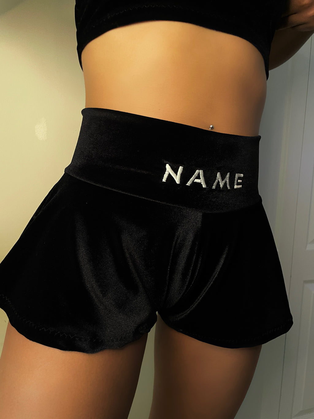 Custom Name Embroidered Velvet Shorties – Black